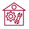 A red icon of a house with a wrench and gear inside it.